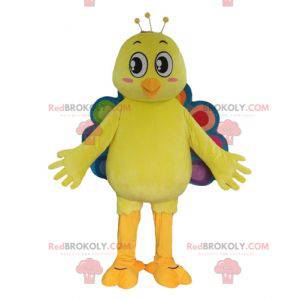 Yellow peacock canary mascot with a colorful tail -