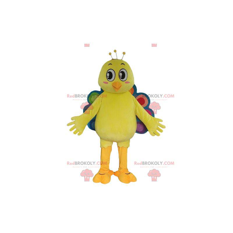 Mascote canário pavão amarelo com cauda colorida -