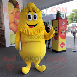 Lemon Yellow Currywurst mascot costume character dressed with a Playsuit and Wallets