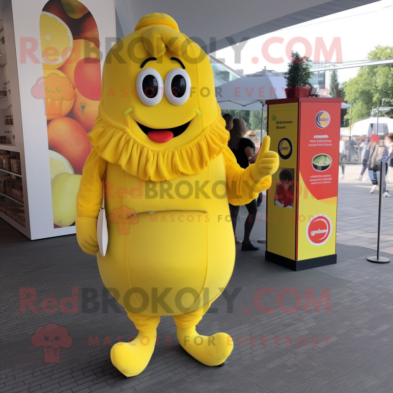 Lemon Yellow Currywurst mascot costume character dressed with a Playsuit and Wallets Lemon Yellow Currywurst mascot costume character dressed with a Playsuit and Wallets