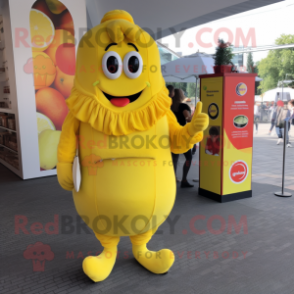 Lemon Yellow Currywurst mascot costume character dressed with a Playsuit and Wallets
