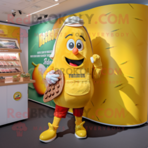 Lemon Yellow Currywurst mascot costume character dressed with a Playsuit and Wallets
