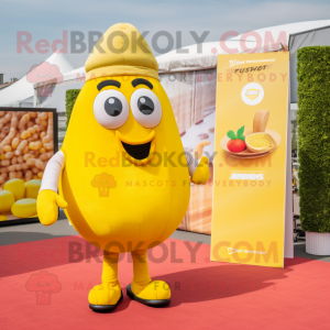 Lemon Yellow Currywurst mascot costume character dressed with a Playsuit and Wallets