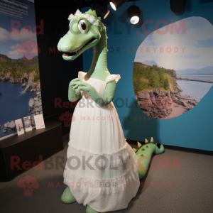 nan Loch Ness Monster mascot costume character dressed with a Wedding Dress and Headbands