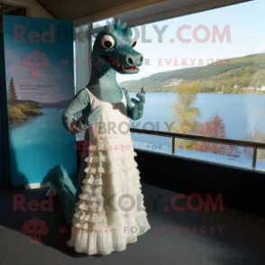 nan Loch Ness Monster mascot costume character dressed with a Wedding Dress and Headbands