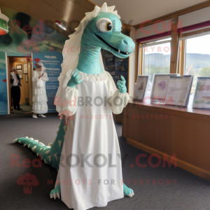 nan Loch Ness Monster mascot costume character dressed with a Wedding Dress and Headbands