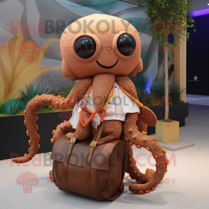 Brown Octopus mascot costume character dressed with a Sweater and Handbags