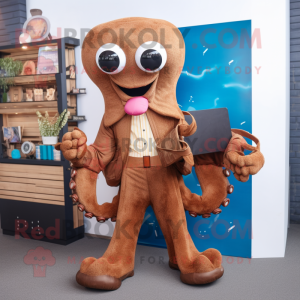Brown Octopus mascot costume character dressed with a Sweater and Handbags