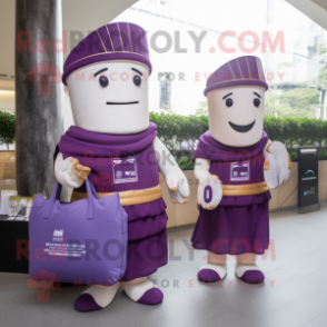 Purple Roman Soldier mascot costume character dressed with a Wedding Dress and Tote bags