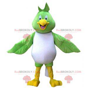 Mascot stor grønn hvit og gul fugl veldig smilende -