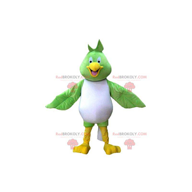 Mascote grande pássaro verde branco e amarelo muito sorridente