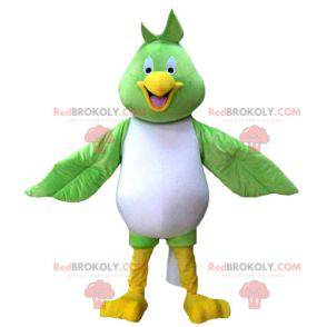 Mascote grande pássaro verde branco e amarelo muito sorridente