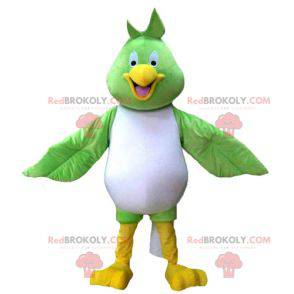 Mascotte grande uccello bianco e giallo verde molto sorridente