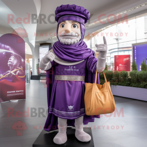 Purple Roman Soldier mascot costume character dressed with a Wedding Dress and Tote bags