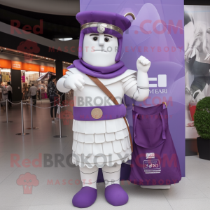 Purple Roman Soldier mascot costume character dressed with a Wedding Dress and Tote bags