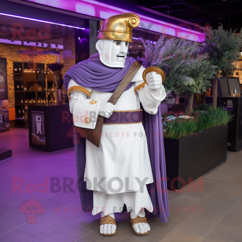 Purple Roman Soldier mascot costume character dressed with a Wedding Dress and Tote bags