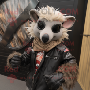 Tan Aye-Aye mascot costume character dressed with a Biker Jacket and Shawls