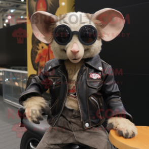 Tan Aye-Aye mascot costume character dressed with a Biker Jacket and Shawls