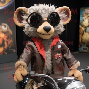 Tan Aye-Aye mascot costume character dressed with a Biker Jacket and Shawls