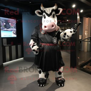 Black Hereford Cow mascot costume character dressed with a Midi Dress and Belts