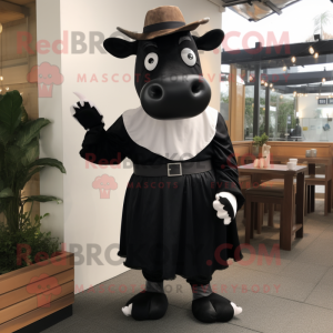 Black Hereford Cow mascot costume character dressed with a Midi Dress and Belts