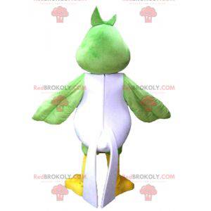 Mascot grote groene witte en gele vogel erg lachend -