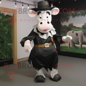 Black Hereford Cow mascot costume character dressed with a Midi Dress and Belts