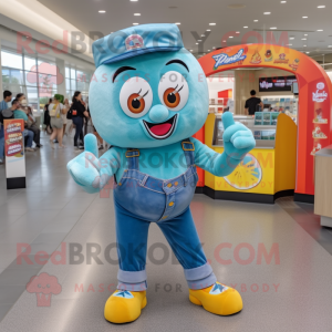 Turquoise Contortionist mascot costume character dressed with a Denim Shorts and Coin purses