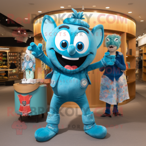 Turquoise Contortionist mascot costume character dressed with a Denim Shorts and Coin purses