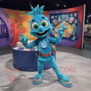 Turquoise Contortionist mascot costume character dressed with a Denim Shorts and Coin purses