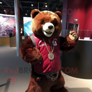 Maroon Bear mascot costume character dressed with a Vest and Keychains