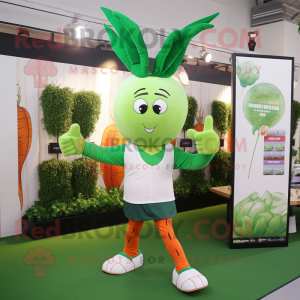 Green Carrot mascot costume character dressed with a Running Shorts and Gloves