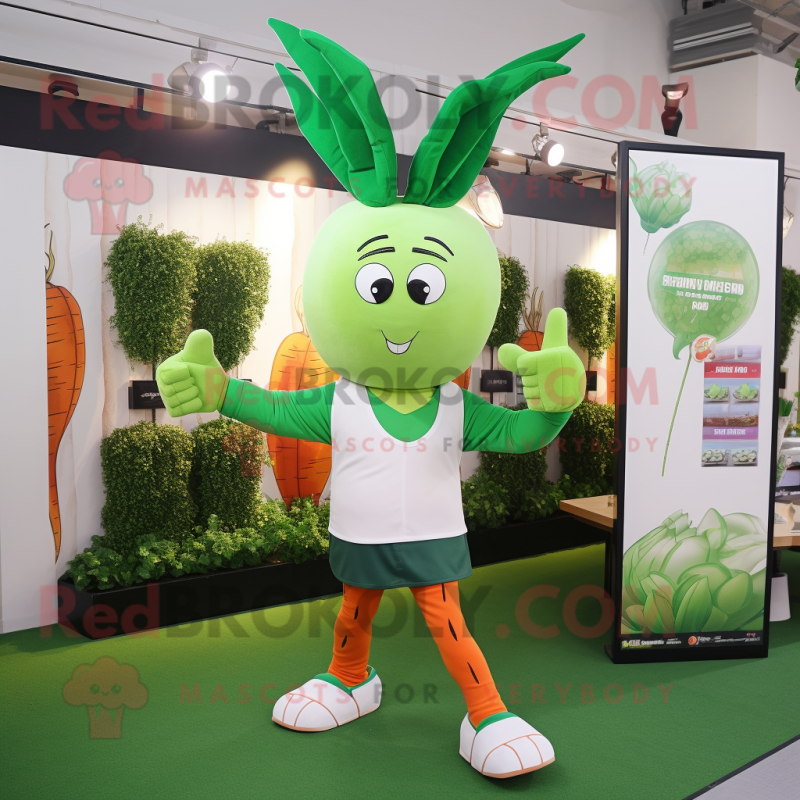 Green Carrot mascot costume character dressed with a Running Shorts and Gloves Green Carrot mascot costume character dressed with a Running Shorts and Gloves