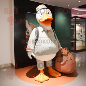 Peach Goose mascot costume character dressed with a Trousers and Tote bags