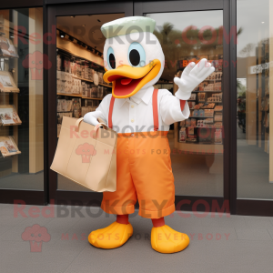 Peach Goose mascot costume character dressed with a Trousers and Tote bags