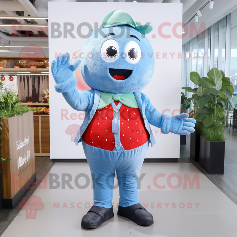 Sky Blue Strawberry mascot costume character dressed with a Overalls and Cufflinks