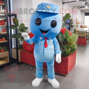 Sky Blue Strawberry mascot costume character dressed with a Overalls and Cufflinks