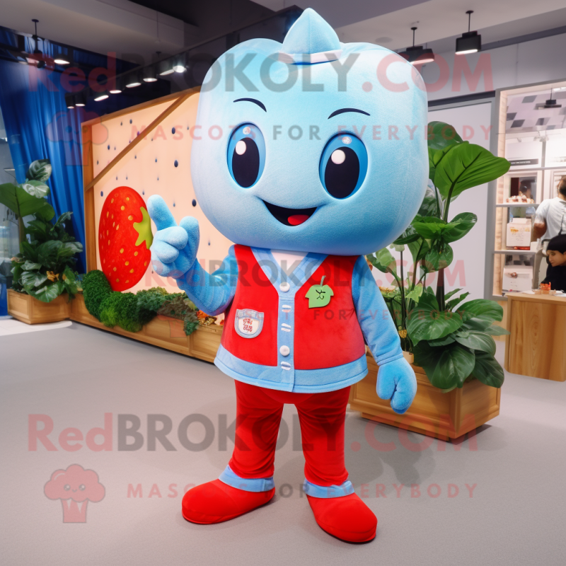 Sky Blue Strawberry mascot costume character dressed with a Overalls and Cufflinks