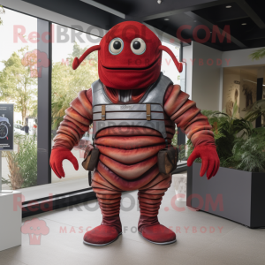 Red Trilobite mascot costume character dressed with a Henley Shirt and Belts
