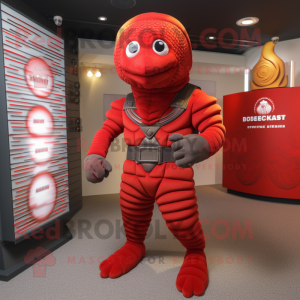 Red Trilobite mascot costume character dressed with a Henley Shirt and Belts