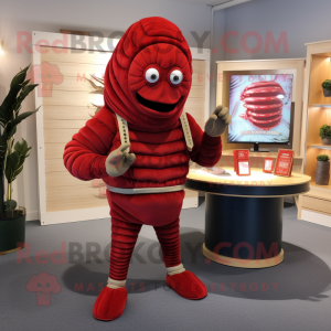 Red Trilobite mascot costume character dressed with a Henley Shirt and Belts