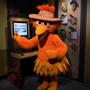 Orange Harpy mascot costume character dressed with a Pencil Skirt and Caps