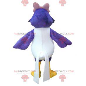 Mascote grande pássaro azul e branco com um laço rosa -