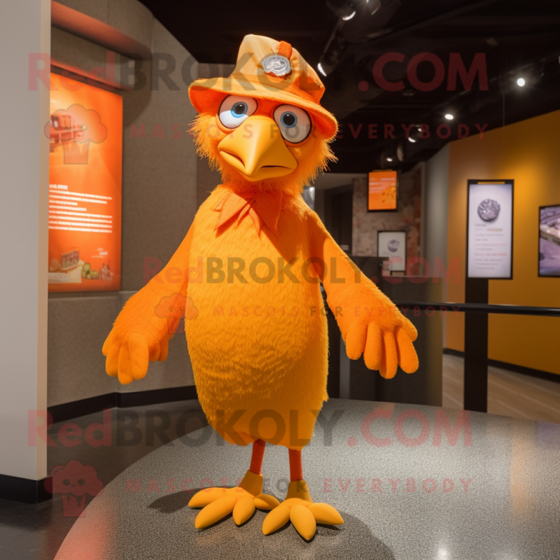 Orange Harpy mascot costume character dressed with a Pencil Skirt and Caps Orange Harpy mascot costume character dressed with a Pencil Skirt and Caps