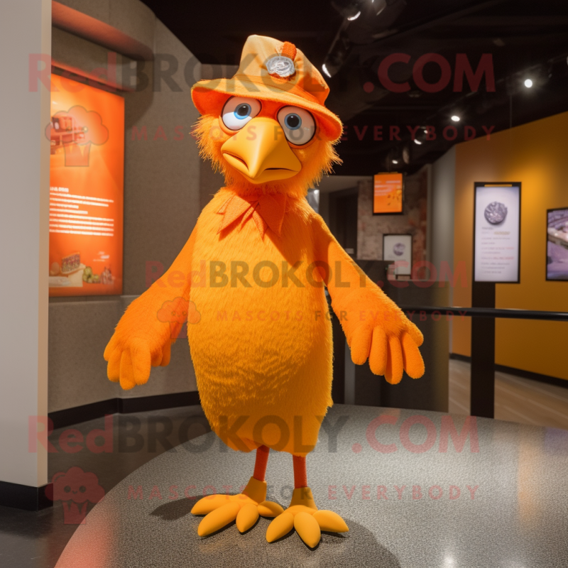 Orange Harpy mascot costume character dressed with a Pencil Skirt and Caps