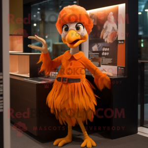 Orange Harpy mascot costume character dressed with a Pencil Skirt and Caps