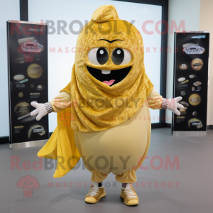 Gold Falafel mascot costume character dressed with a Sweatshirt and Scarf clips