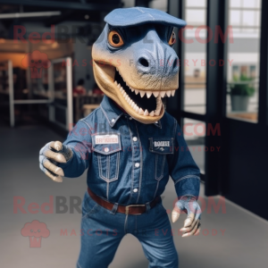 Navy T Rex mascot costume character dressed with a Denim Shirt and Cufflinks