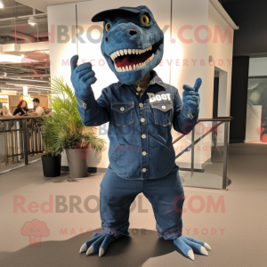 Navy T Rex mascot costume character dressed with a Denim Shirt and Cufflinks