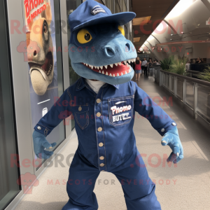 Navy T Rex mascot costume character dressed with a Denim Shirt and Cufflinks
